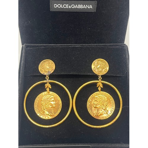 12 - Vintage Dolce & Gabbana gold tone Roman inspired coin drop hoop earrings in original box with certif... 