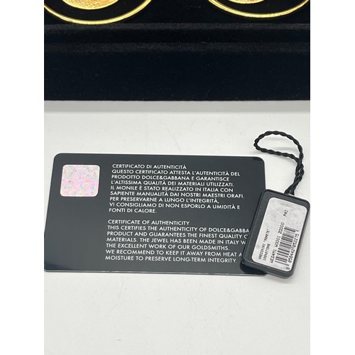 12 - Vintage Dolce & Gabbana gold tone Roman inspired coin drop hoop earrings in original box with certif... 