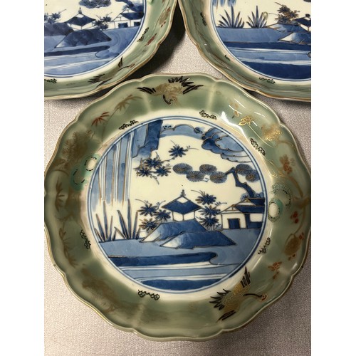 39 - 3 x Antique Arita Japanese landscape plates along with 2 x Japanese Imari plates, largest is 9