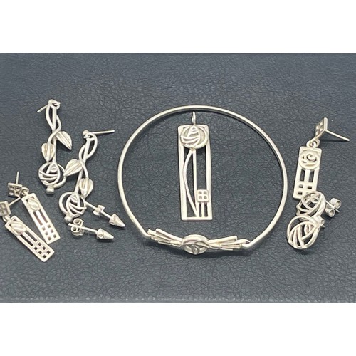 21 - Collection of sterling silver Rennie Macintosh style jewellery to include bangle, earrings and penda... 