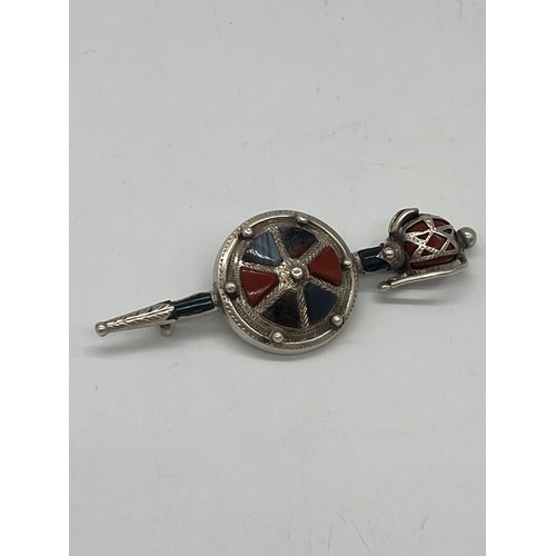 22 - Antique Victorian Scottish sterling silver kilt pin/brooch in shape of dirk and shield with inlaid c... 