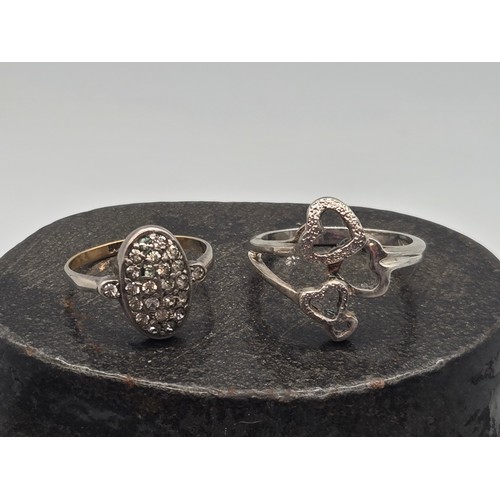 25 - Vintage 9ct & silver cluster ring along with silver graduating heart ring.