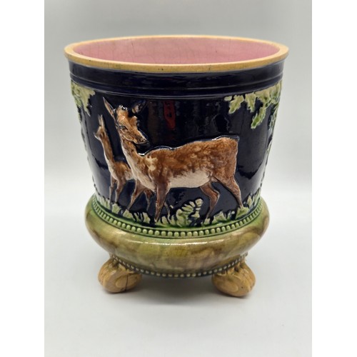 51 - Antique Thomas Forester Majolica Jardiniere, deer & fawn 1883, pink, brown, blue & green colourway. ... 