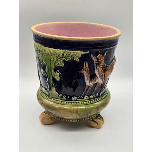51 - Antique Thomas Forester Majolica Jardiniere, deer & fawn 1883, pink, brown, blue & green colourway. ... 