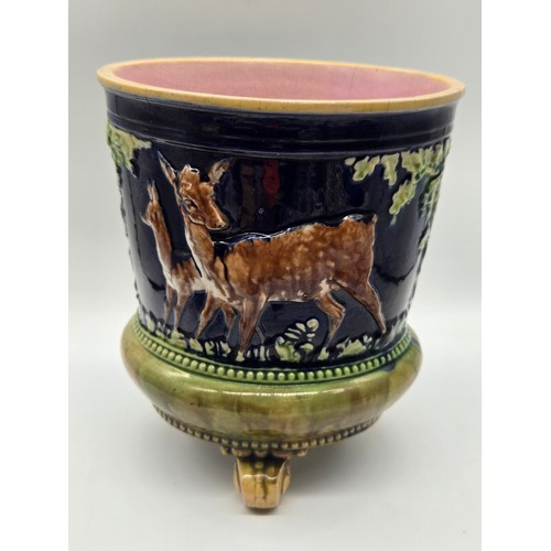51 - Antique Thomas Forester Majolica Jardiniere, deer & fawn 1883, pink, brown, blue & green colourway. ... 