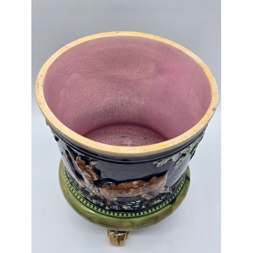 51 - Antique Thomas Forester Majolica Jardiniere, deer & fawn 1883, pink, brown, blue & green colourway. ... 