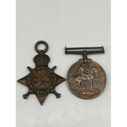 4 - 2 x ww1 medals to include 1914-1918 silver goerge v & 1914-15 star both stamped j bennie