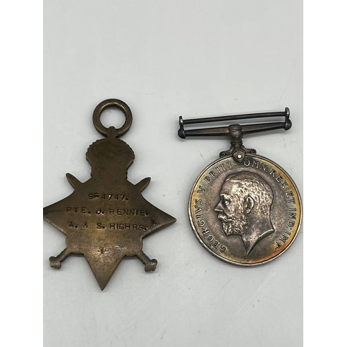 4 - 2 x ww1 medals to include 1914-1918 silver goerge v & 1914-15 star both stamped j bennie