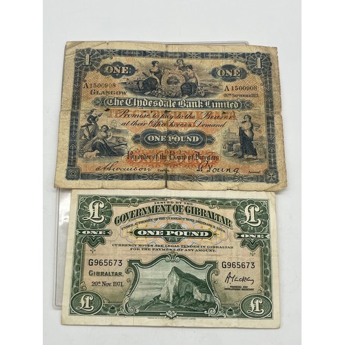 14 - A vintage Scottish one pound bank note from Clydesdale bank September 1923 along with Gibraltar one ... 