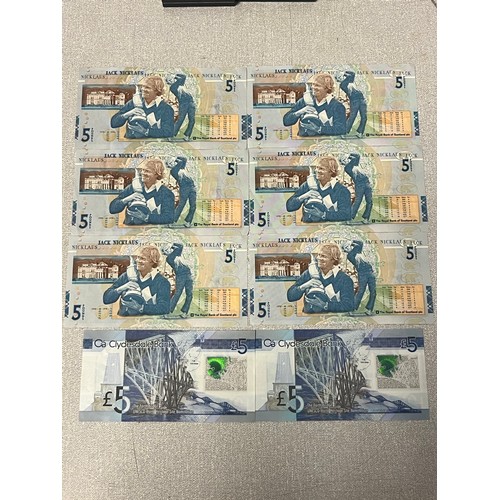 38 - 6 uncirculated jack nicklaus five pound notes along with 2 x forth bridge