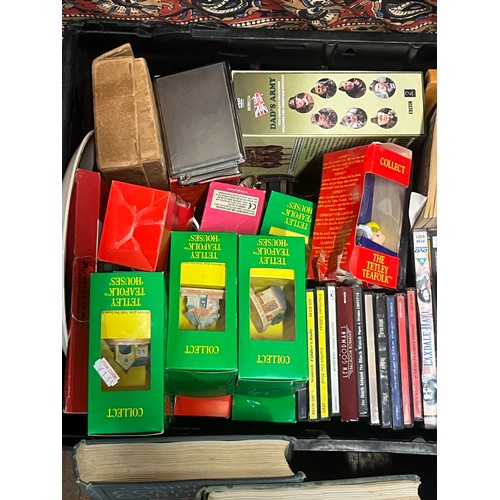 Box of misc to include books, cd's and Tetley Tea folk figures etc.