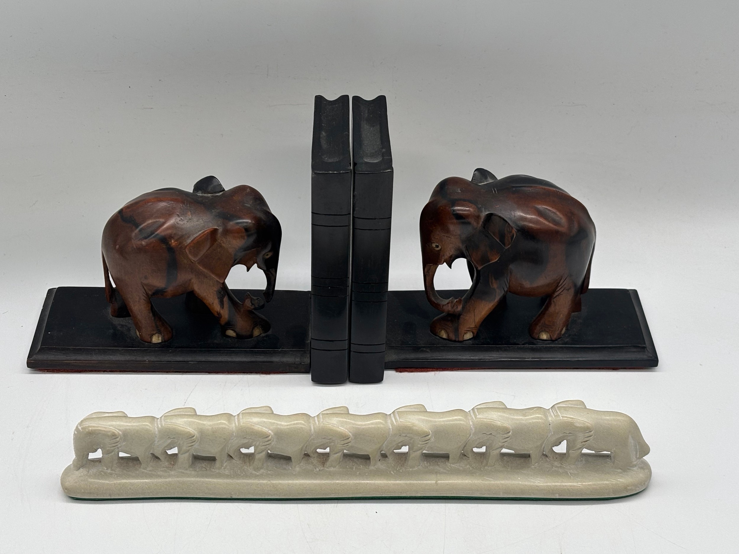 Set of vintage hand carved wooden elephant bookends hardwood mid ...