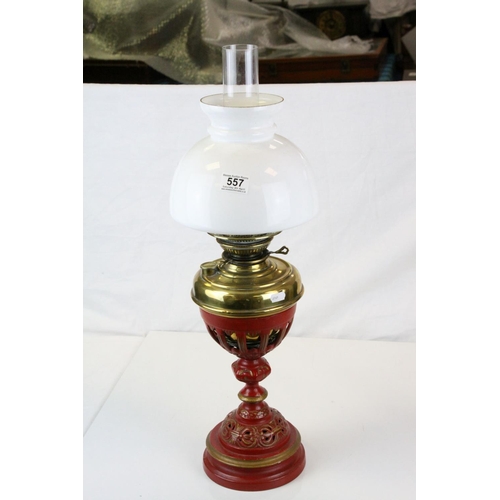 557 - GWR Waiting Room Cast Iron Oil Lamp Base with Brass Well, Opaque Glass Shade and Chimney, stamped GW... 