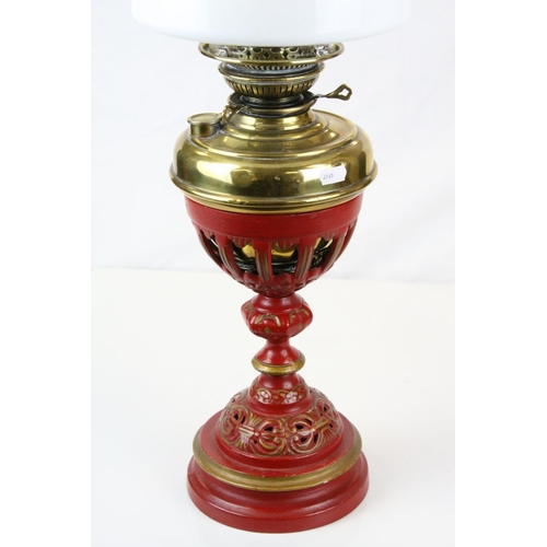 557 - GWR Waiting Room Cast Iron Oil Lamp Base with Brass Well, Opaque Glass Shade and Chimney, stamped GW... 