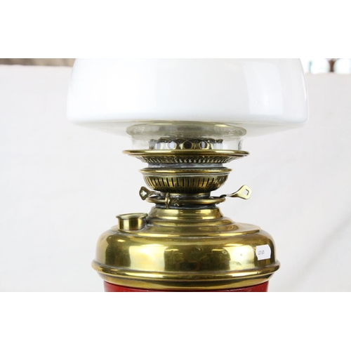 557 - GWR Waiting Room Cast Iron Oil Lamp Base with Brass Well, Opaque Glass Shade and Chimney, stamped GW... 
