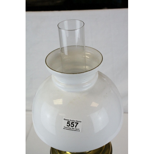 557 - GWR Waiting Room Cast Iron Oil Lamp Base with Brass Well, Opaque Glass Shade and Chimney, stamped GW... 