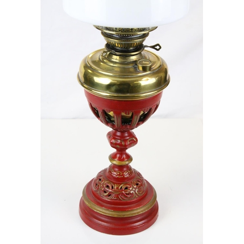557 - GWR Waiting Room Cast Iron Oil Lamp Base with Brass Well, Opaque Glass Shade and Chimney, stamped GW... 