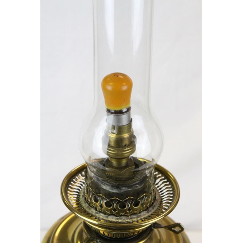 557 - GWR Waiting Room Cast Iron Oil Lamp Base with Brass Well, Opaque Glass Shade and Chimney, stamped GW... 