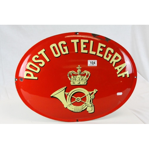 104 - Vintage Danish Oval Enamel Sign ' Post og Telegraf ', 53cms long