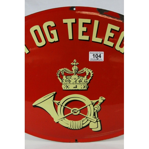 104 - Vintage Danish Oval Enamel Sign ' Post og Telegraf ', 53cms long