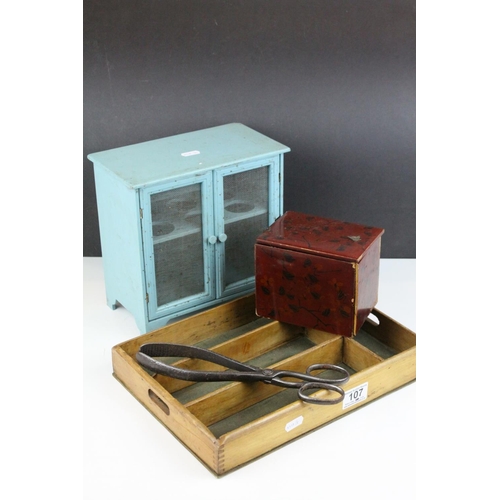 107 - Vintage Blue Egg Cabinet, Wooden Cutlery Tray and a Lacquered Tea Caddy (a/f)