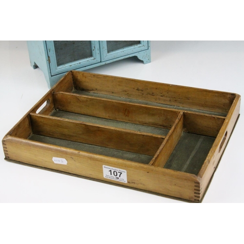 107 - Vintage Blue Egg Cabinet, Wooden Cutlery Tray and a Lacquered Tea Caddy (a/f)