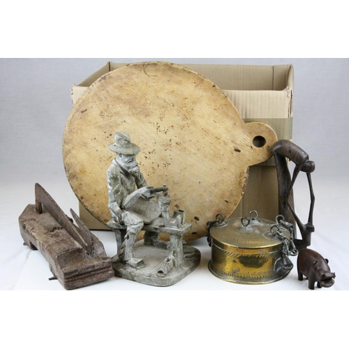 491 - Mixed Lot of tribal items, including an African stone figure, carved in the archaic style with hands... 