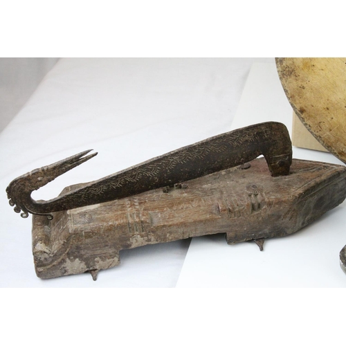 491 - Mixed Lot of tribal items, including an African stone figure, carved in the archaic style with hands... 