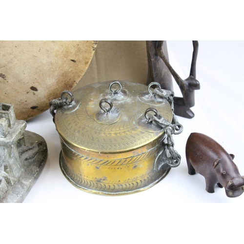 491 - Mixed Lot of tribal items, including an African stone figure, carved in the archaic style with hands... 