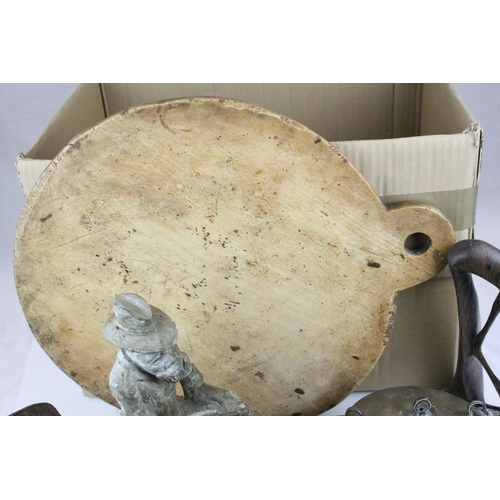 491 - Mixed Lot of tribal items, including an African stone figure, carved in the archaic style with hands... 