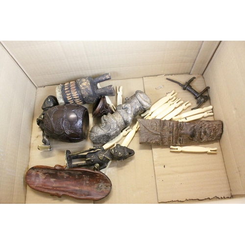 491 - Mixed Lot of tribal items, including an African stone figure, carved in the archaic style with hands... 
