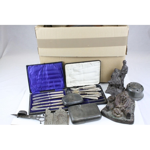492 - Mixed Lot of Metalware including four 18th century pewter plates, 36cm wide, a cast iron inkwell in ... 