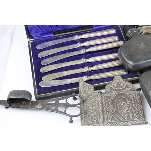 492 - Mixed Lot of Metalware including four 18th century pewter plates, 36cm wide, a cast iron inkwell in ... 