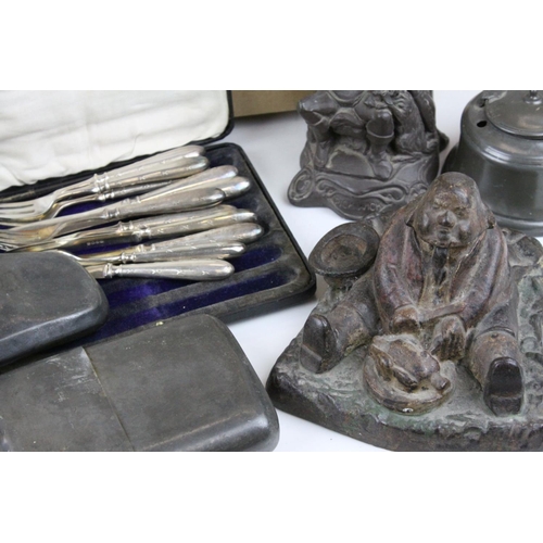 492 - Mixed Lot of Metalware including four 18th century pewter plates, 36cm wide, a cast iron inkwell in ... 