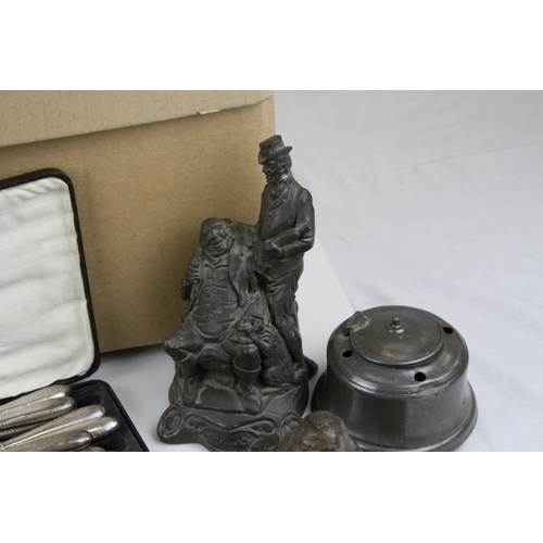 492 - Mixed Lot of Metalware including four 18th century pewter plates, 36cm wide, a cast iron inkwell in ... 