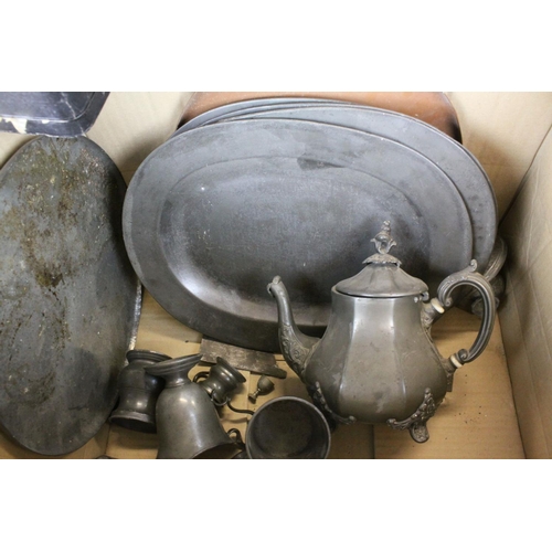 492 - Mixed Lot of Metalware including four 18th century pewter plates, 36cm wide, a cast iron inkwell in ... 