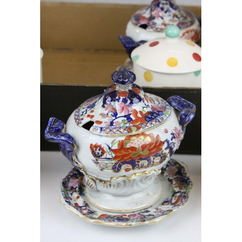 66 - Mixed Lot of Ceramics including Pair of 19th century Sauce Tureens with Stands, Set of Three Spotted... 
