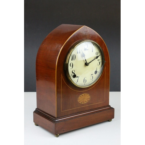 68 - Edwardian Inlaid Mahogany Arched Cased Mantle Clock, 8 day movement, the white dial with Arabic nume... 