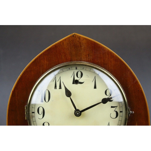 68 - Edwardian Inlaid Mahogany Arched Cased Mantle Clock, 8 day movement, the white dial with Arabic nume... 