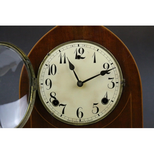68 - Edwardian Inlaid Mahogany Arched Cased Mantle Clock, 8 day movement, the white dial with Arabic nume... 