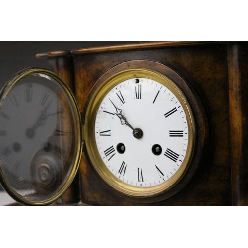 70 - 19th century Fruitwood Cased Mantel Clock of architectural form with circular white enamel dial, Rom... 