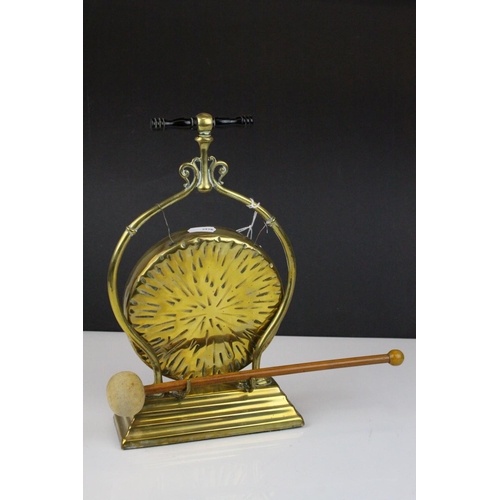 73 - Arts and Crafts Brass Gong Frame with replace Gong and Striker, 30cms high
