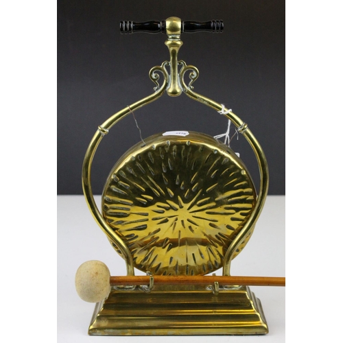 73 - Arts and Crafts Brass Gong Frame with replace Gong and Striker, 30cms high