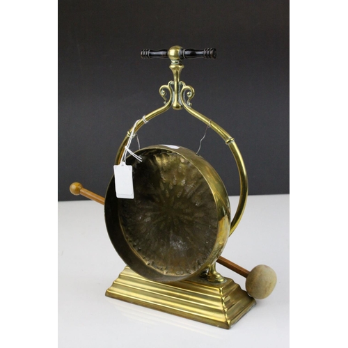 73 - Arts and Crafts Brass Gong Frame with replace Gong and Striker, 30cms high