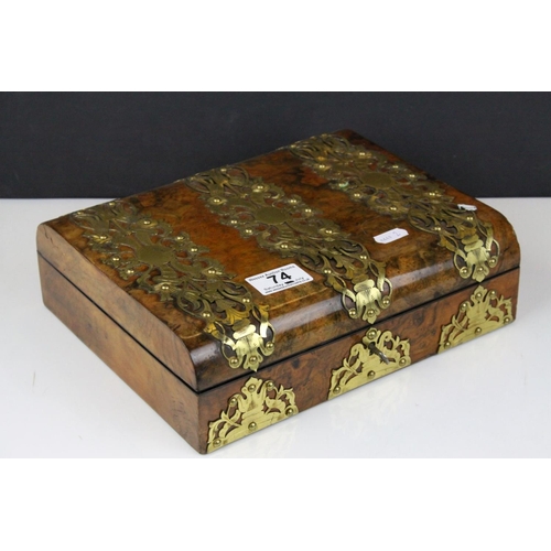 74 - Mid to Late 19th century Domed Top Walnut Writing Box with Ornate Brass Banding, the fitted interior... 