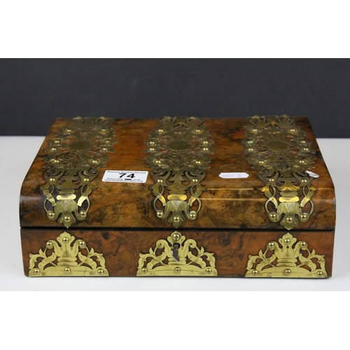74 - Mid to Late 19th century Domed Top Walnut Writing Box with Ornate Brass Banding, the fitted interior... 