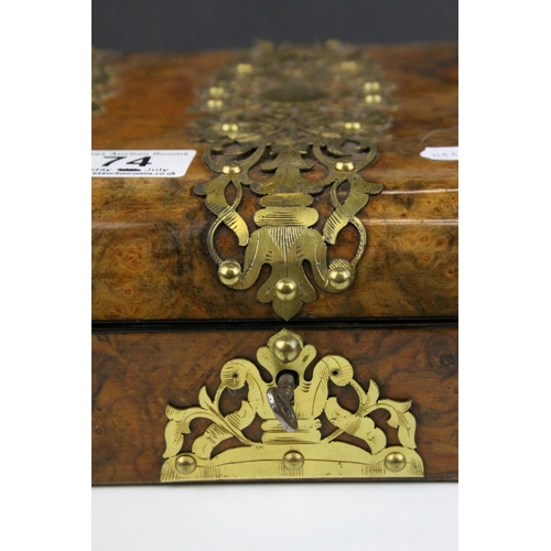 74 - Mid to Late 19th century Domed Top Walnut Writing Box with Ornate Brass Banding, the fitted interior... 