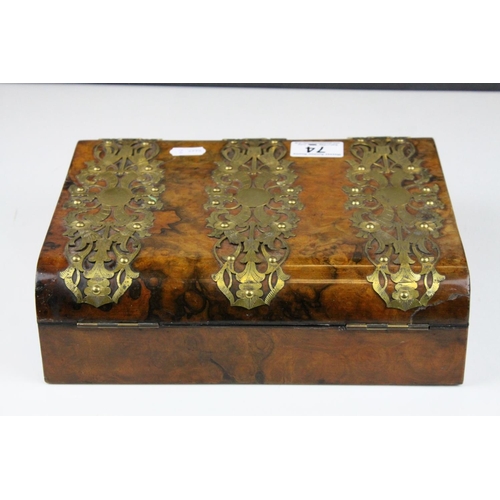 74 - Mid to Late 19th century Domed Top Walnut Writing Box with Ornate Brass Banding, the fitted interior... 