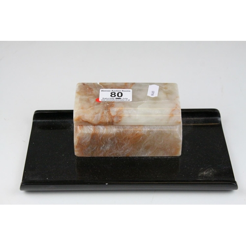 80 - Art Deco Bakelite and Marble Desk Stand, the hinged lid opening to reveal two inkwells, 24cms long