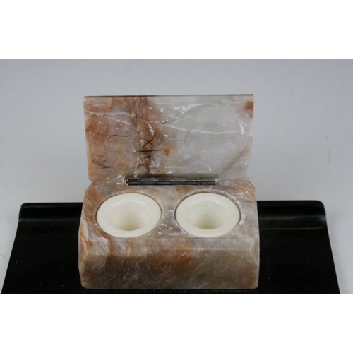 80 - Art Deco Bakelite and Marble Desk Stand, the hinged lid opening to reveal two inkwells, 24cms long